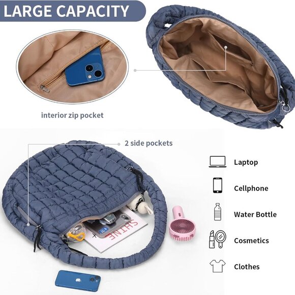 Puffer Tote Bag Nylon Large Capacity Crossbody Shoulder Handbag - Picture 4 of 6